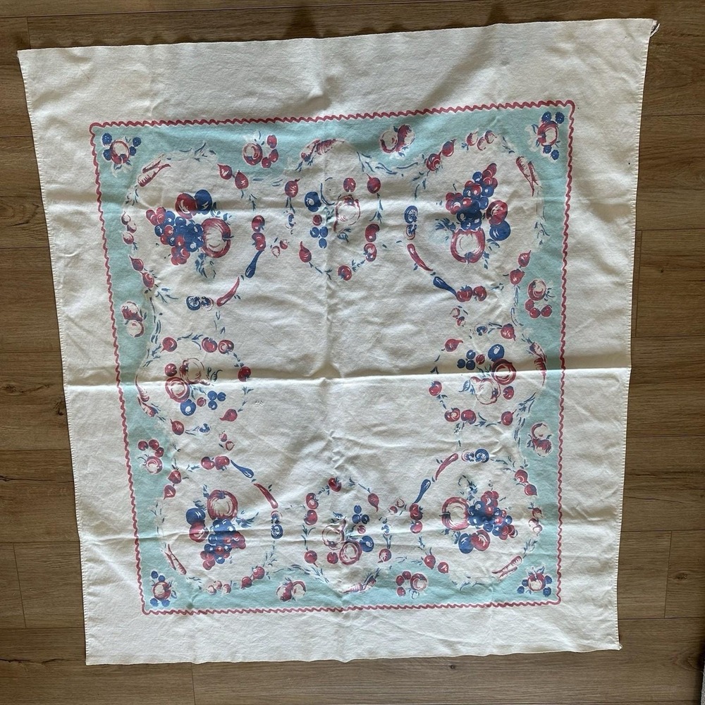 VTG Fruit Basket Tablecloth 1950's Blue Red Cotton 44x39 Square - Picture 4 of 10